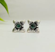Oxidised Green Stone Flower 925 Sterling Silver Earring